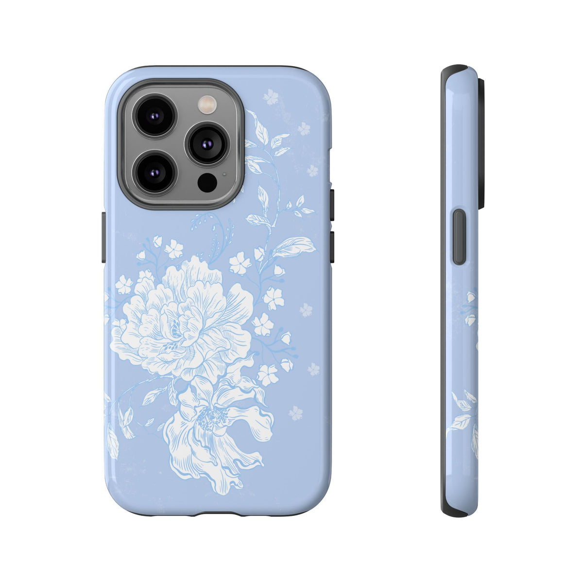 iPhone 14 Pro light blue feminine romantic phone case with white peony