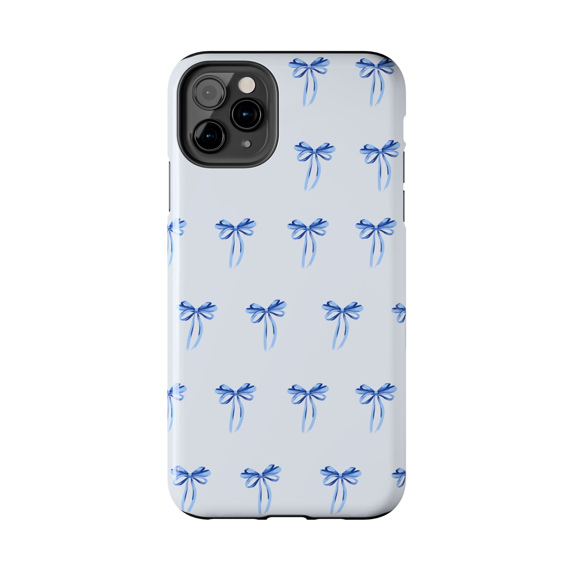 iPhone 11 Pro Max case with girly romantic watercolor blue bow pattern on a light blue background