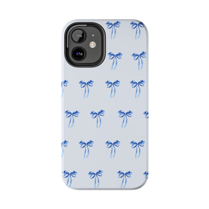 iPhone 12 Mini case with girly romantic watercolor blue bow pattern on a light blue background