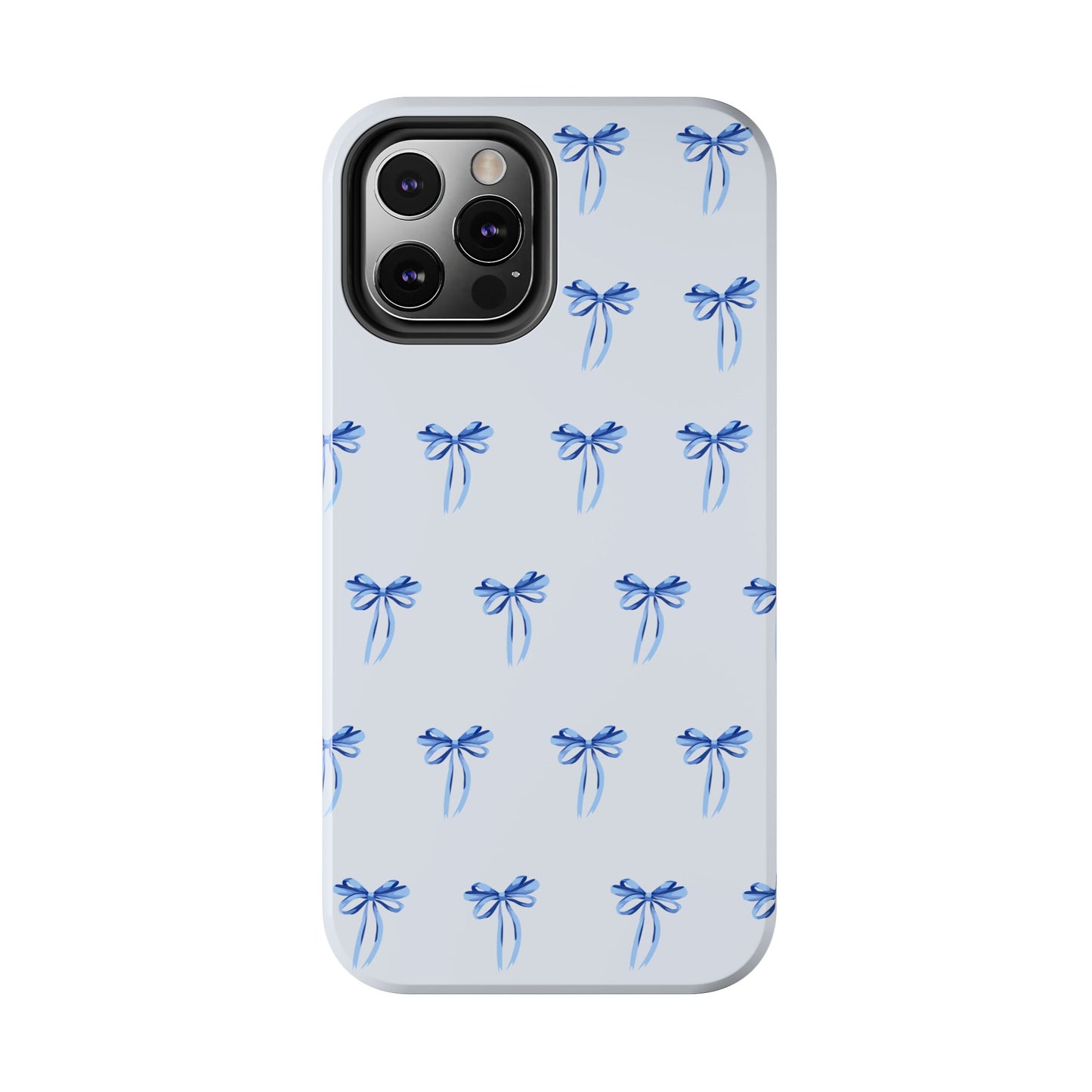 iPhone 12 Pro case with girly romantic watercolor blue bow pattern on a light blue background