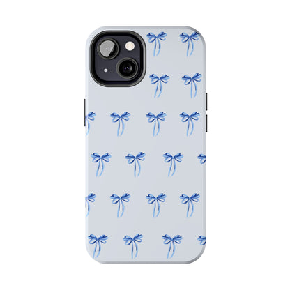 iPhone 13 case with girly romantic watercolor blue bow pattern on a light blue background