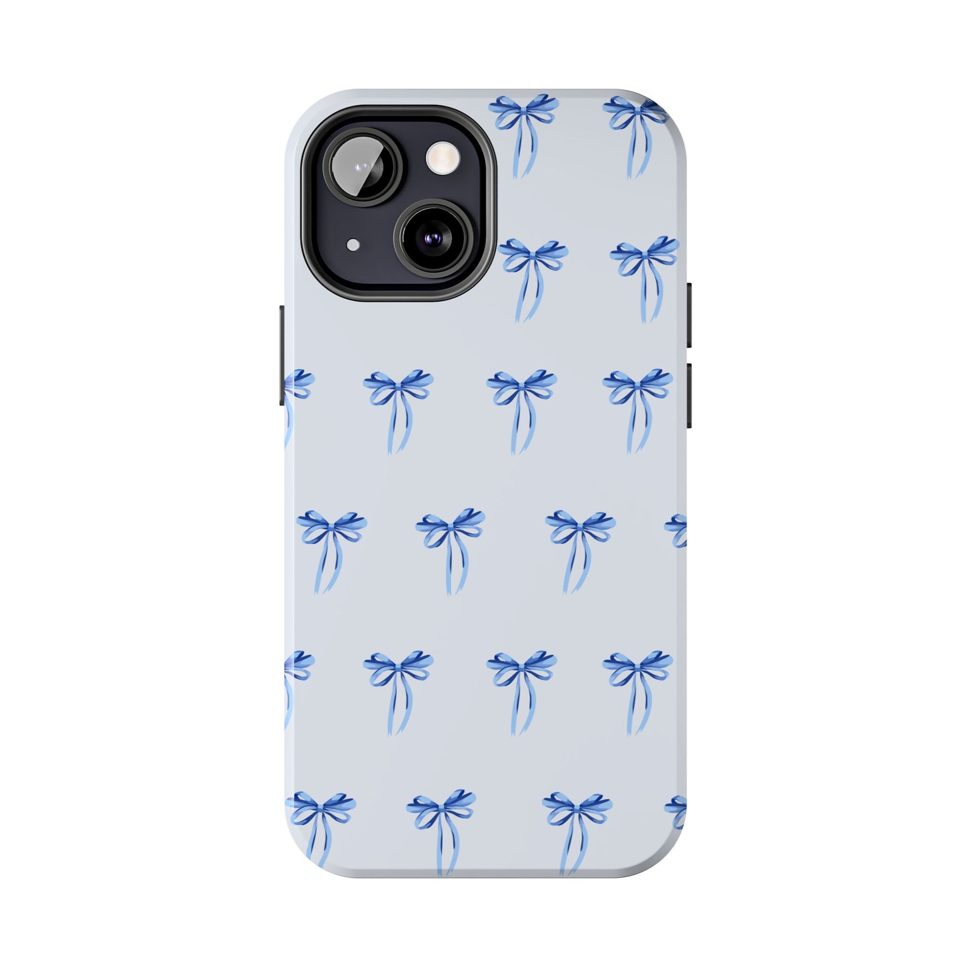 iPhone 13 Mini case with girly romantic watercolor blue bow pattern on a light blue background