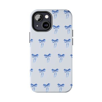 iPhone 13 Mini case with girly romantic watercolor blue bow pattern on a light blue background