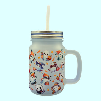 Boo Brew Glass - Halloween Ghost Glass Mug with Lid & Straw – 350ml Mason Jar Cup