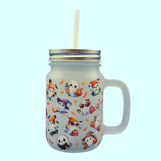 Boo Brew Glass - Halloween Ghost Glass Mug with Lid & Straw – 350ml Mason Jar Cup