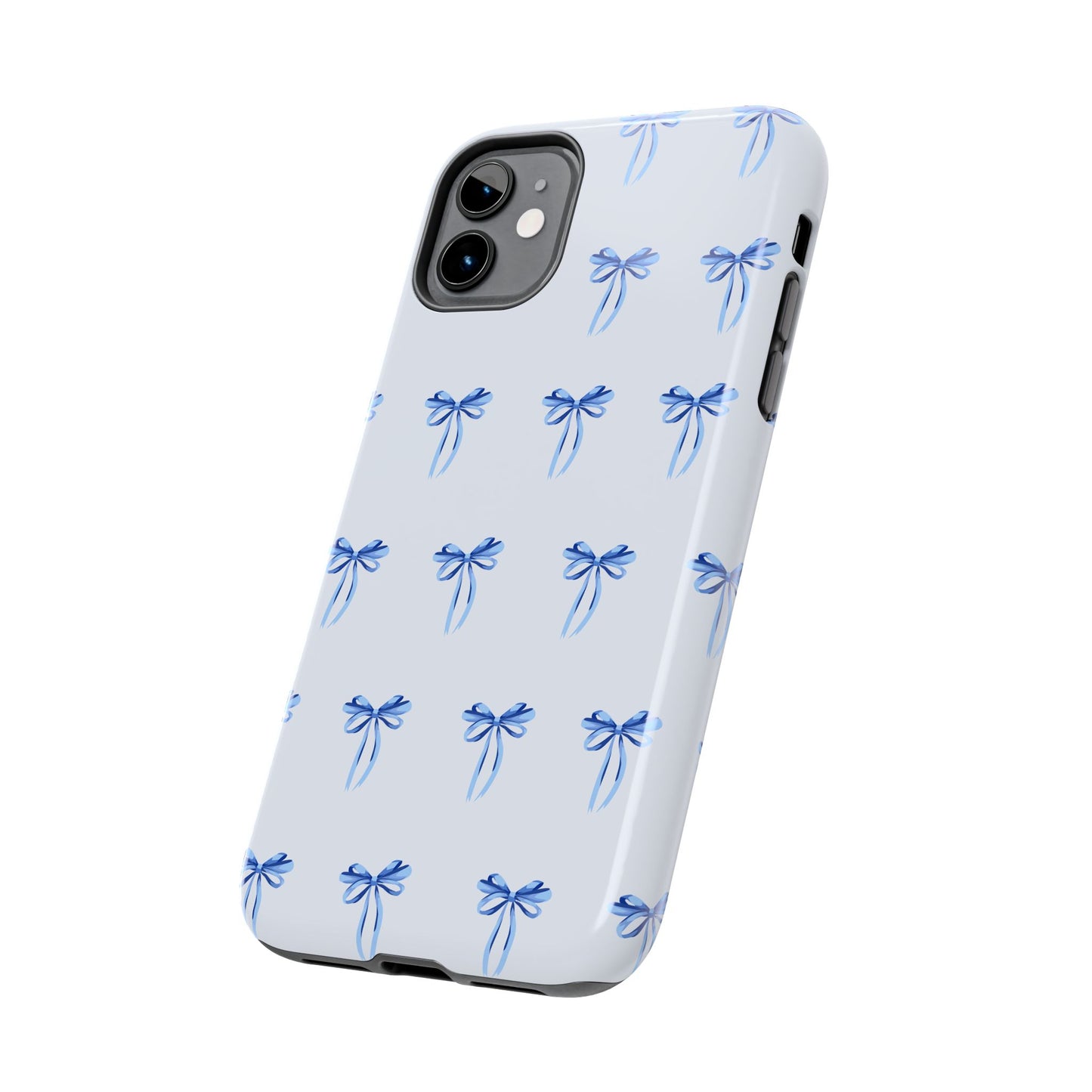 iPhone 11 case with girly romantic watercolor blue bow pattern on a light blue background