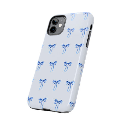 iPhone 11 case with girly romantic watercolor blue bow pattern on a light blue background