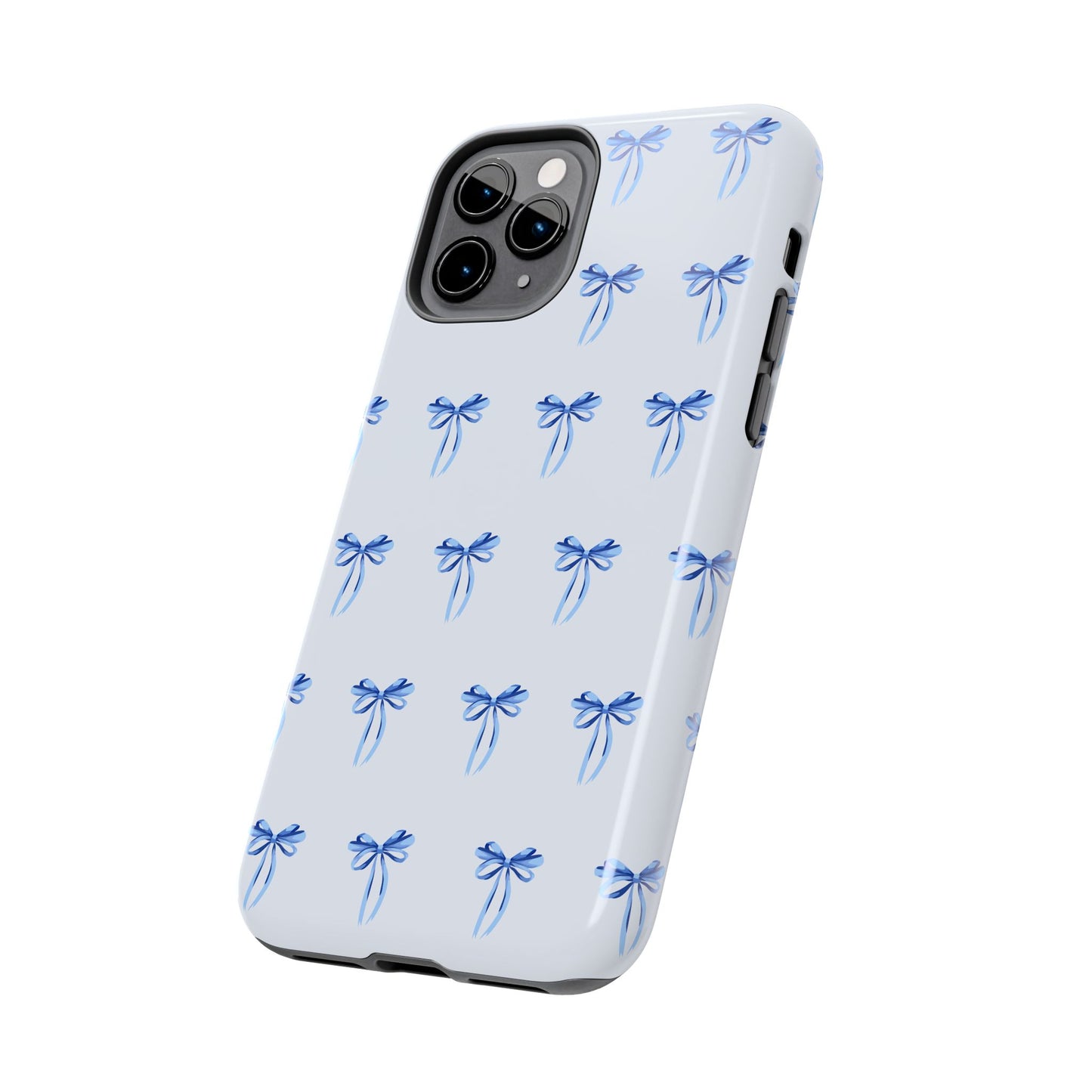 iPhone 11 Pro case with girly romantic watercolor blue bow pattern on a light blue background