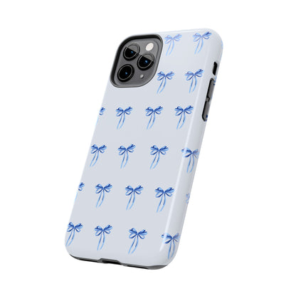 iPhone 11 Pro case with girly romantic watercolor blue bow pattern on a light blue background