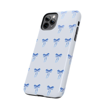 iPhone 11 Pro Max case with girly romantic watercolor blue bow pattern on a light blue background