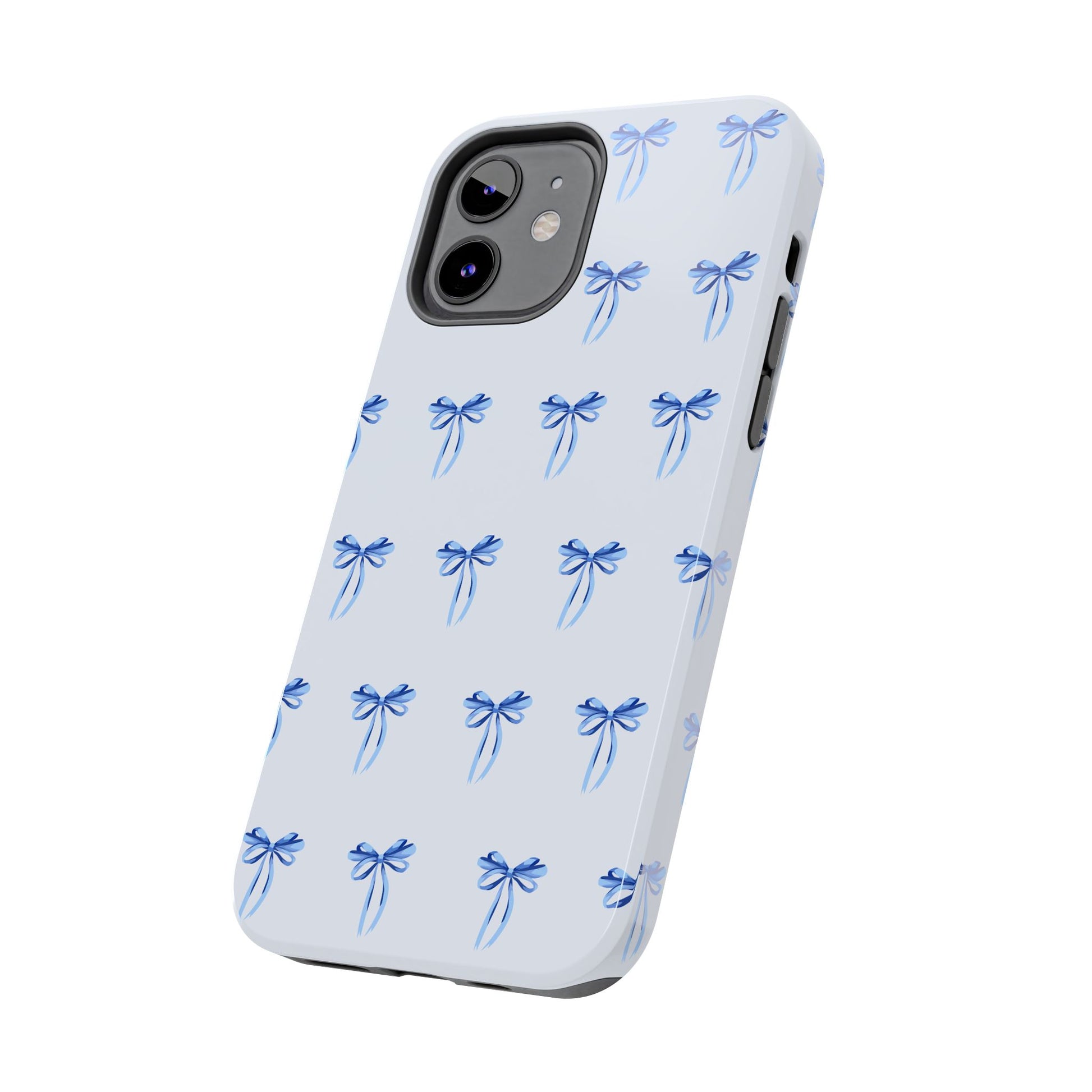 iPhone 12 case with girly romantic watercolor blue bow pattern on a light blue background