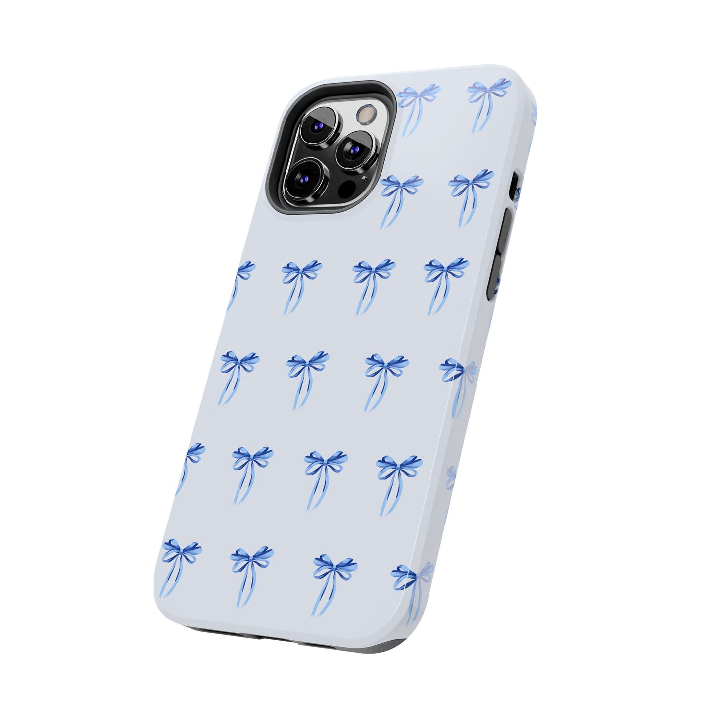 iPhone 12 Pro Max case with girly romantic watercolor blue bow pattern on a light blue background
