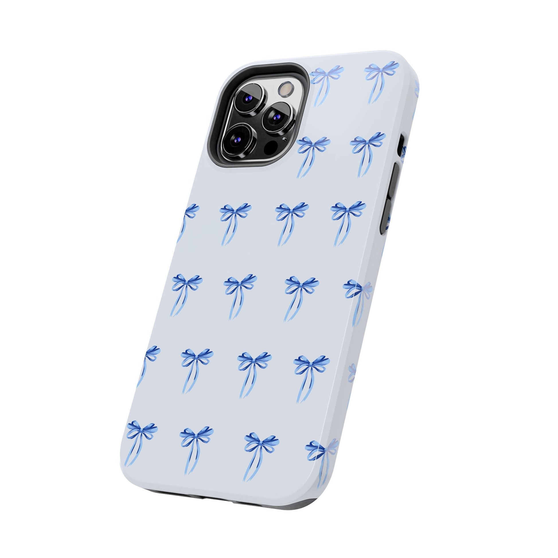 iPhone 12 Pro Max case with girly romantic watercolor blue bow pattern on a light blue background