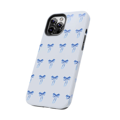 iPhone 12 Pro Max case with girly romantic watercolor blue bow pattern on a light blue background