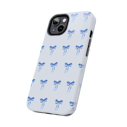 iPhone 13 case with girly romantic watercolor blue bow pattern on a light blue background