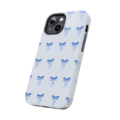 iPhone 13 Mini case with girly romantic watercolor blue bow pattern on a light blue background
