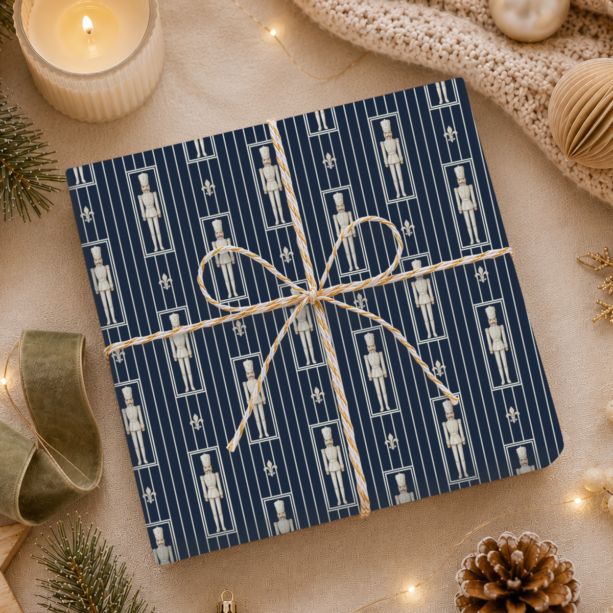 Christmas Elegant Wrapping Paper | Navy Nutcracker Stripe Gift Wrap