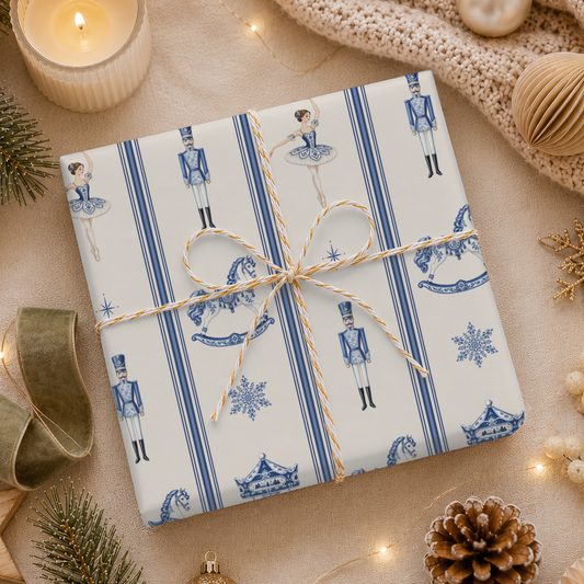 Christmas Wrapping Paper Vintage | Ivory Blue Nutcracker & Ballerina Gift Wrap