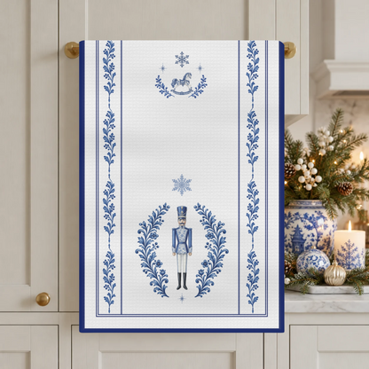Blue and White Nutcracker Christmas Tea Towel | Microfiber Holiday Kitchen Decor