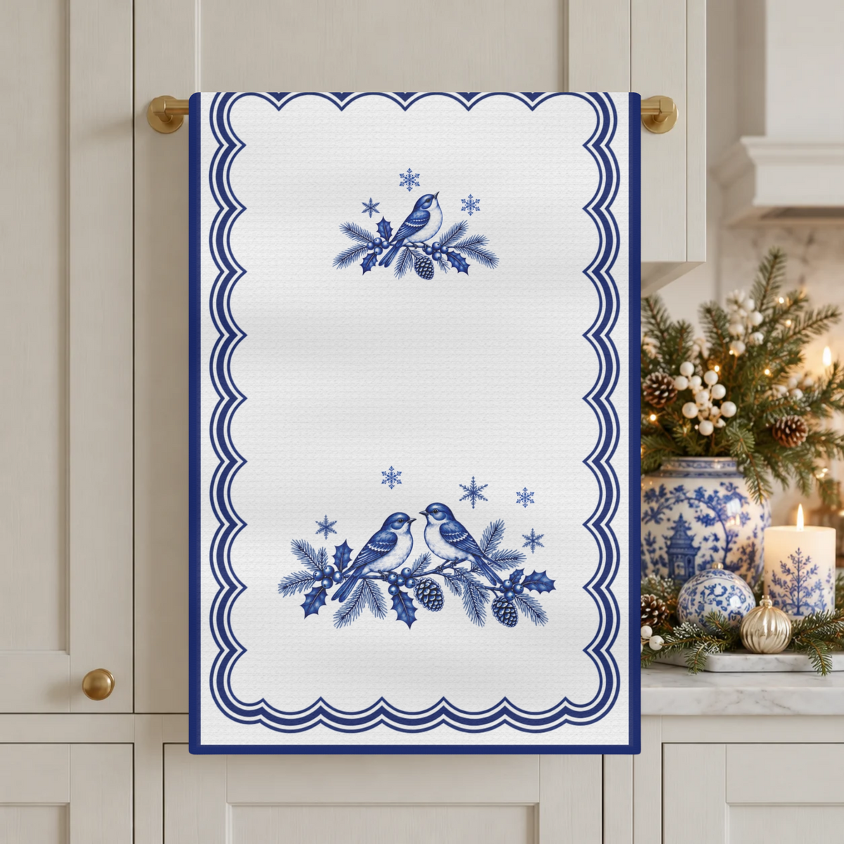Blue and White Christmas Tea Towel | Winter Bird & Botanical Kitchen Towel