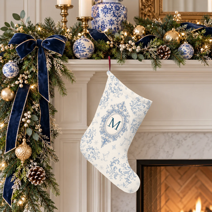Christmas Stocking | Personalized Blue Damask Monogram Holiday Stocking