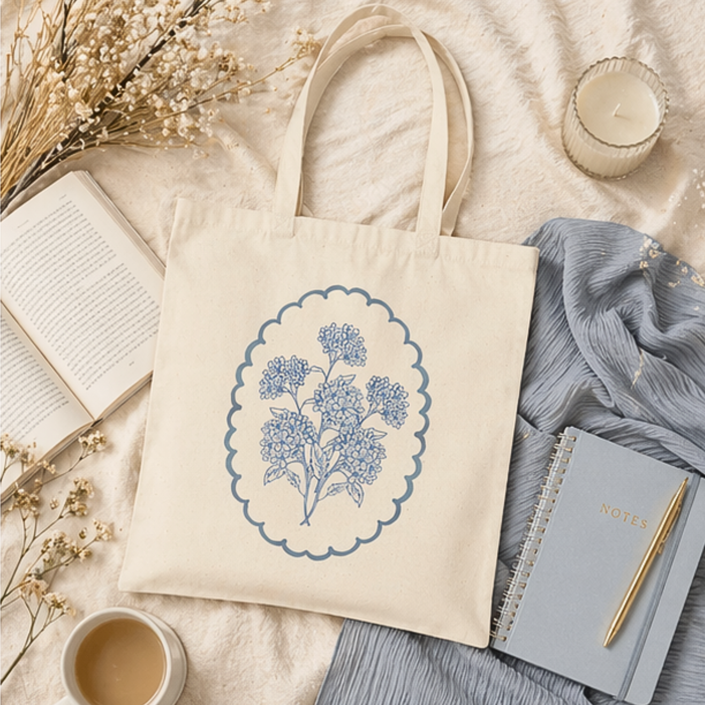 blue botanical canvas tote bag with vintage floral design on natural cotton fabric
