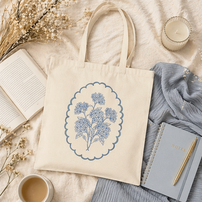 blue botanical canvas tote bag with vintage floral design on natural cotton fabric
