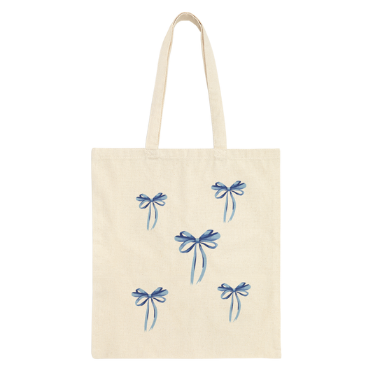 Blue Ribbon Bow Canvas Tote Bag – Aesthetic Cotton Shopper, Cottagecore Market Bag, Gift for Her