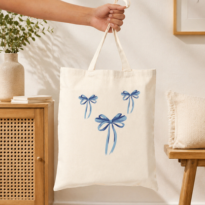 Blue Bow Canvas Tote Bag – Cotton Shopper Bag, Cute Ribbon Tote for Everyday, Market & Gift