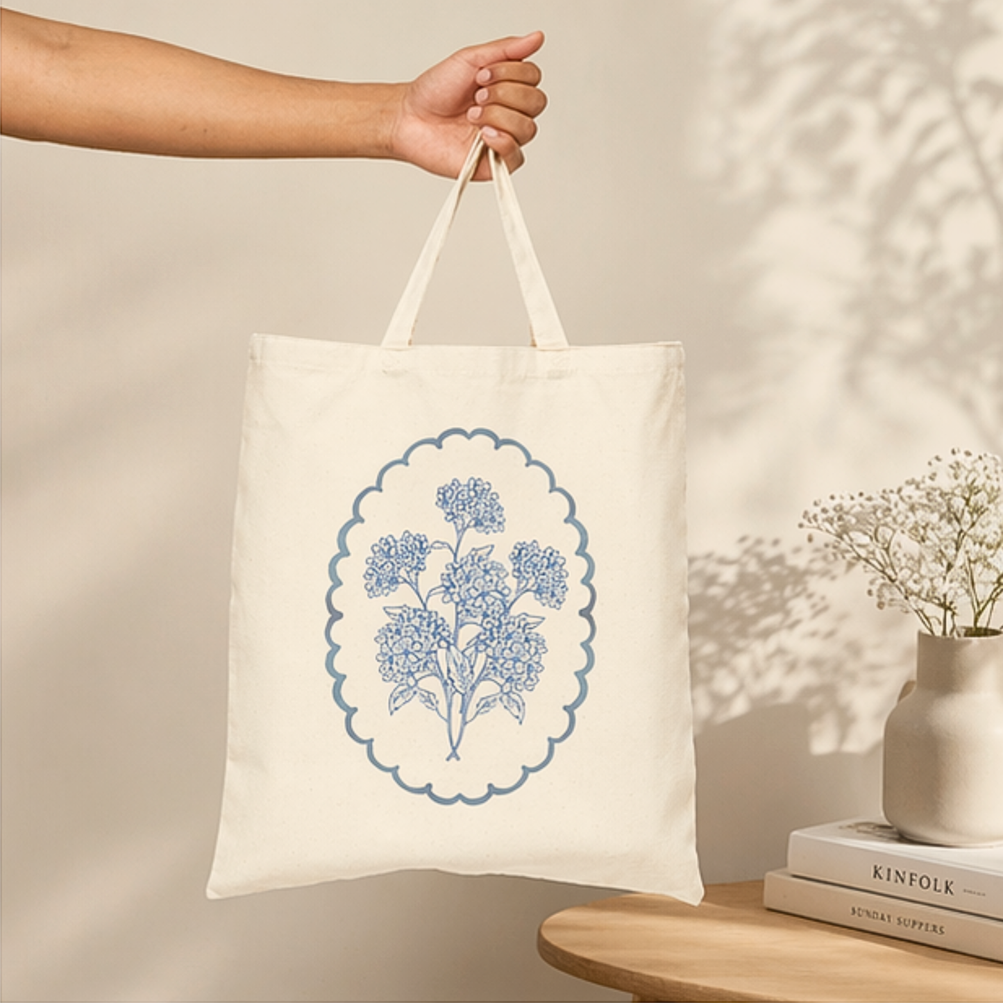 Blue Botanical Canvas Tote Bag – Vintage Floral Cotton Tote, Cottagecore Market Bag, Gift for Her