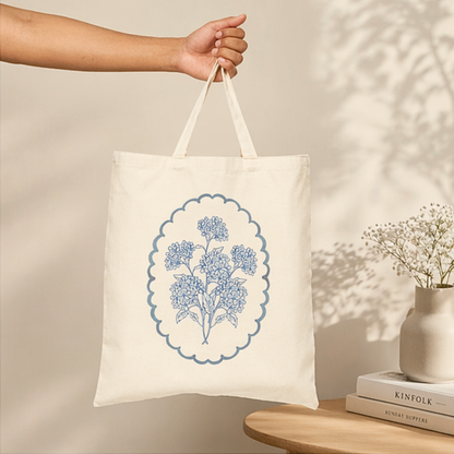 Blue Botanical Canvas Tote Bag – Vintage Floral Cotton Tote, Cottagecore Market Bag, Gift for Her