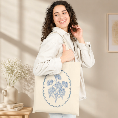 Blue Botanical Canvas Tote Bag – Vintage Floral Cotton Tote, Cottagecore Market Bag, Gift for Her