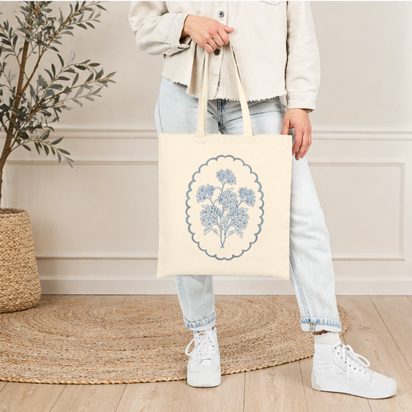 Blue Botanical Canvas Tote Bag – Vintage Floral Cotton Tote, Cottagecore Market Bag, Gift for Her