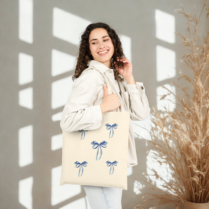Blue Ribbon Bow Canvas Tote Bag – Aesthetic Cotton Shopper, Cottagecore Market Bag, Gift for Her