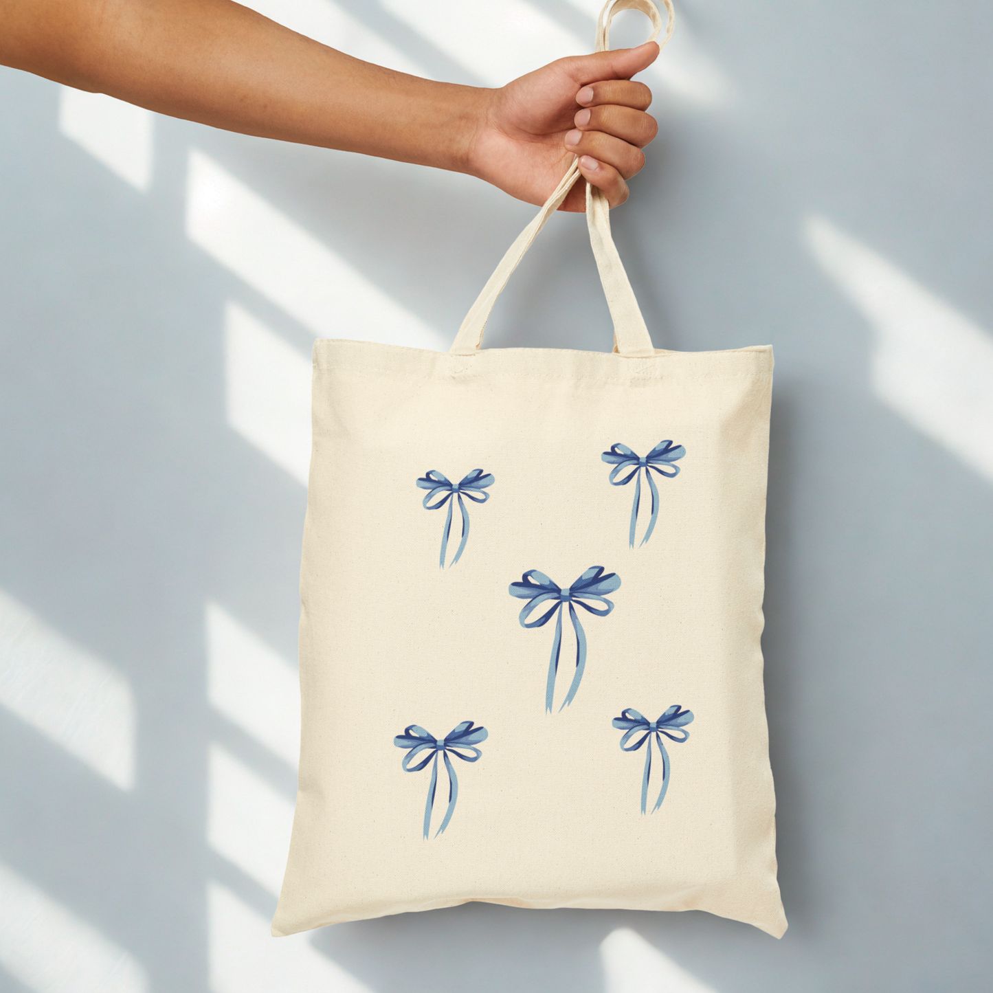 Blue Ribbon Bow Canvas Tote Bag – Aesthetic Cotton Shopper, Cottagecore Market Bag, Gift for Her
