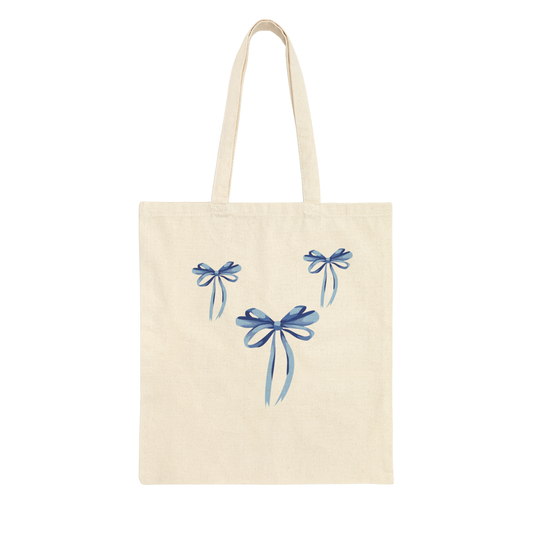 Blue Bow Canvas Tote Bag – Cotton Shopper Bag, Cute Ribbon Tote for Everyday, Market & Gift
