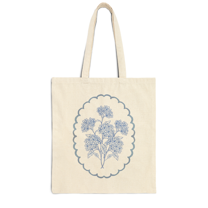 Blue Botanical Canvas Tote Bag – Vintage Floral Cotton Tote, Cottagecore Market Bag, Gift for Her