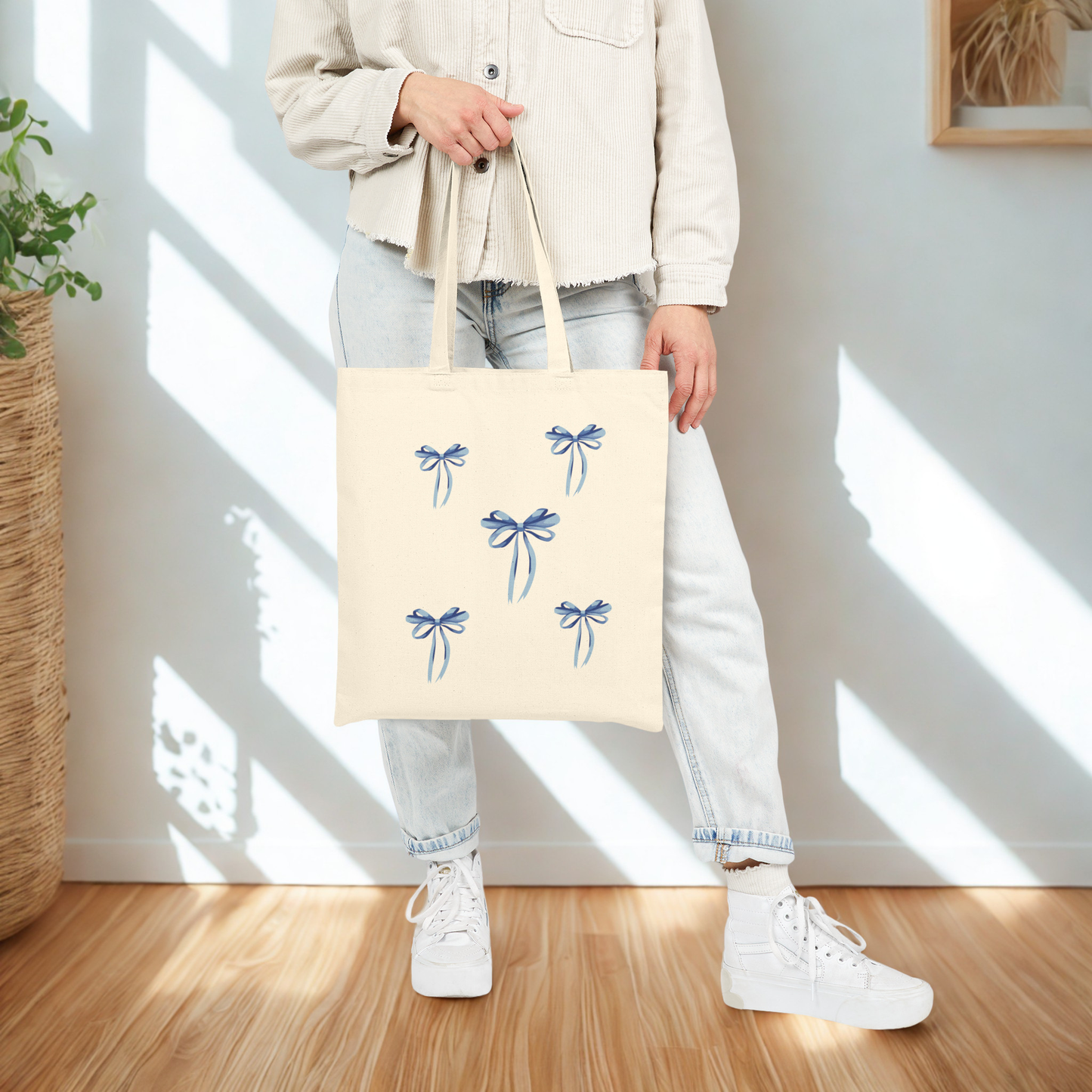 Blue Ribbon Bow Canvas Tote Bag – Aesthetic Cotton Shopper, Cottagecore Market Bag, Gift for Her