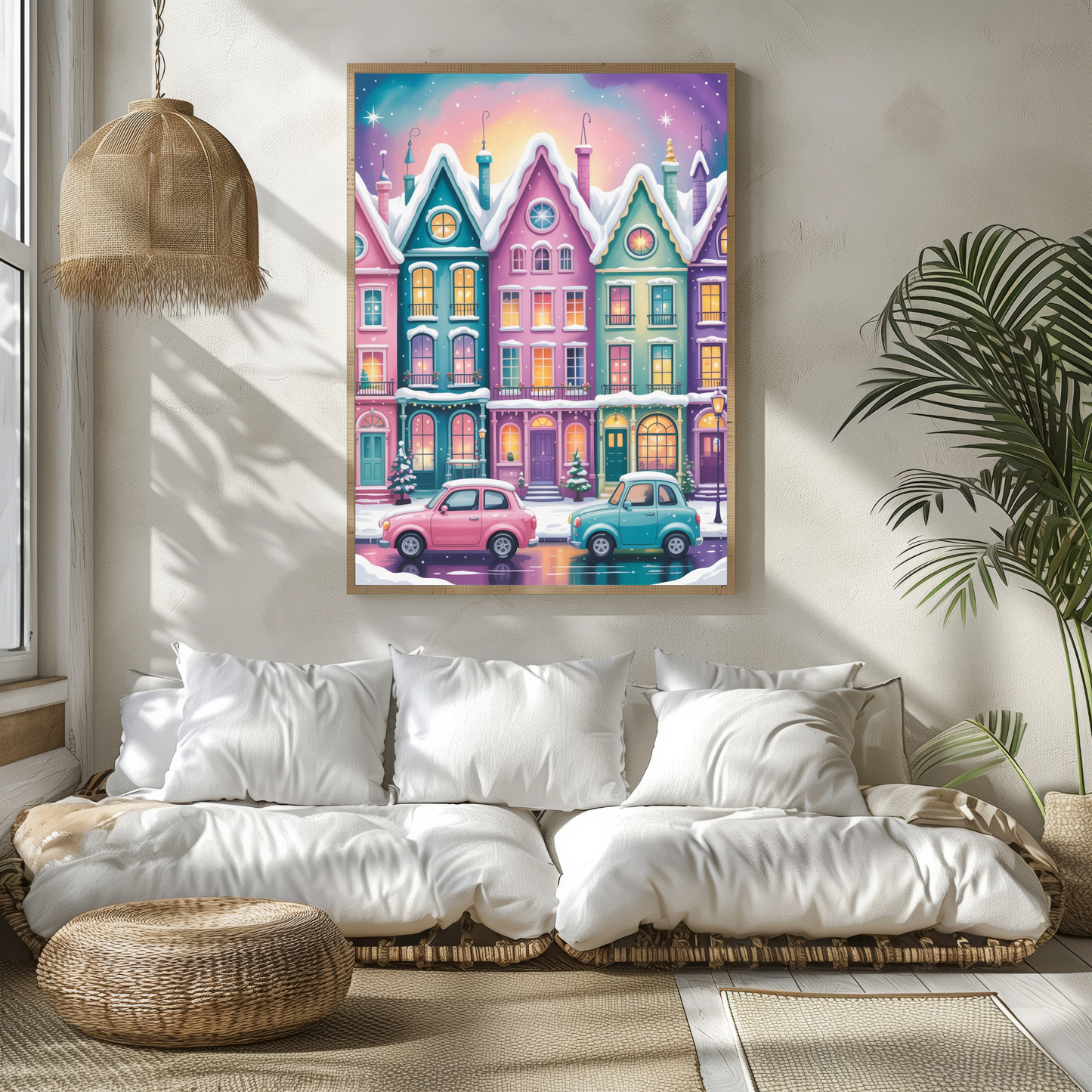 Whimsical Pastel Winter Cityscape Wall Art Set – Christmas Town Prints – Cozy Holiday Decor – 24x36" Digital Download