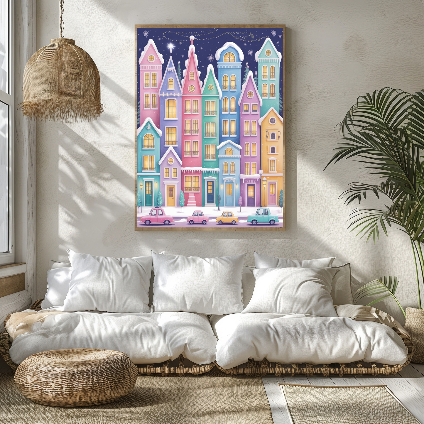 Whimsical Pastel Winter Cityscape Wall Art Set – Christmas Town Prints – Cozy Holiday Decor – 24x36" Digital Download