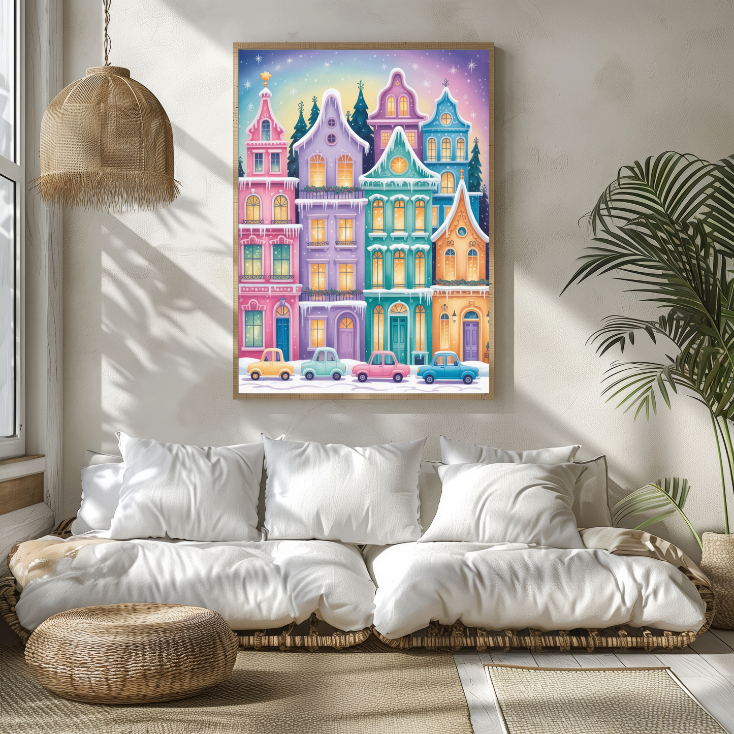 Whimsical Pastel Winter Cityscape Wall Art Set – Christmas Town Prints – Cozy Holiday Decor – 24x36" Digital Download