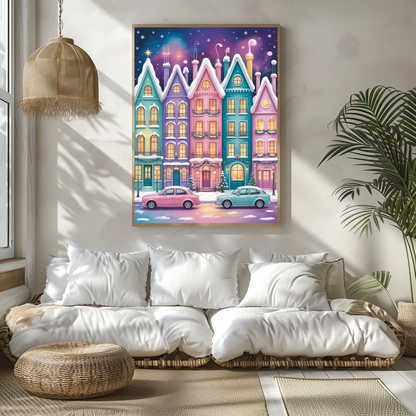 Whimsical Pastel Winter Cityscape Wall Art Set – Christmas Town Prints – Cozy Holiday Decor – 24x36" Digital Download
