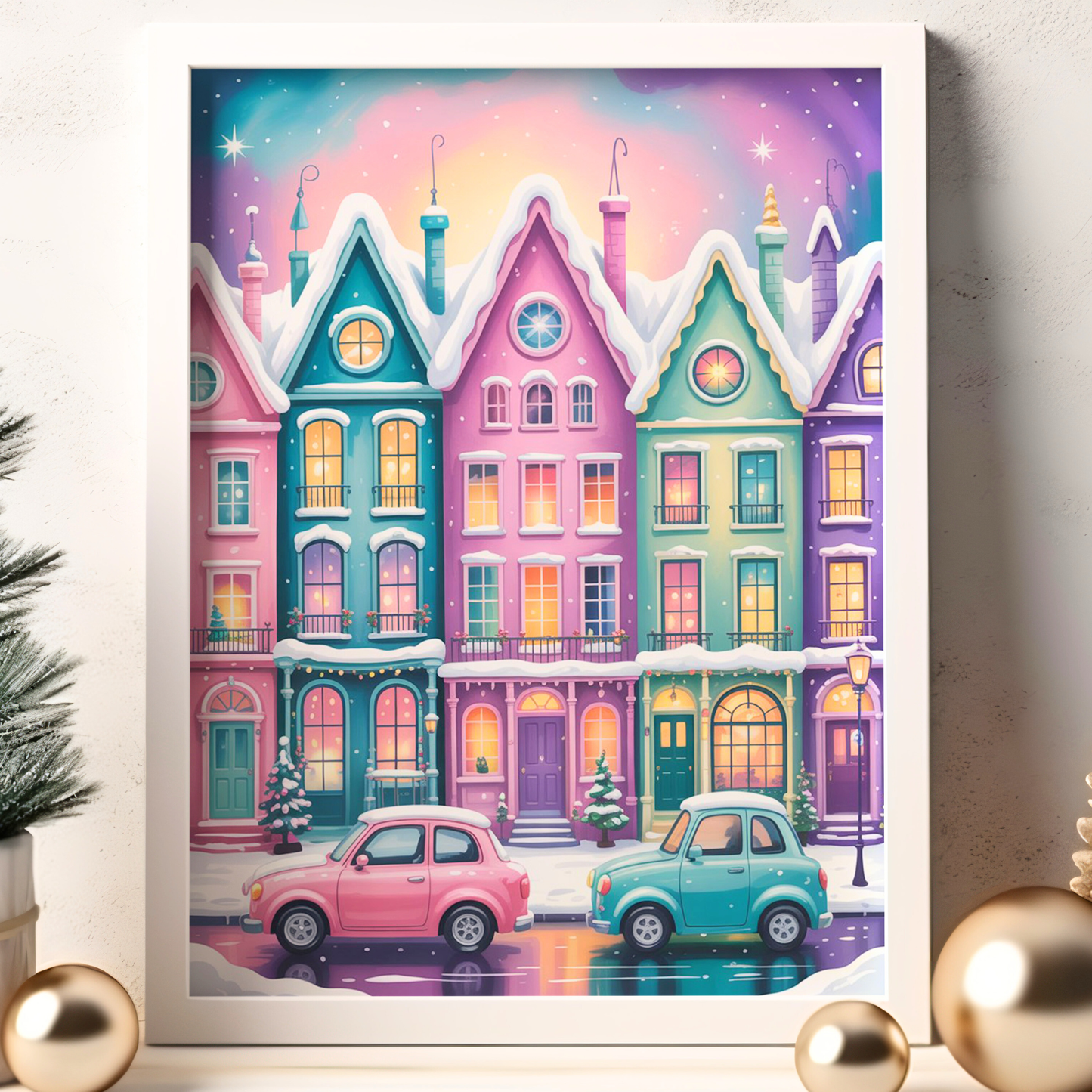 Whimsical Pastel Winter Cityscape Wall Art Set – Christmas Town Prints – Cozy Holiday Decor – 24x36" Digital Download