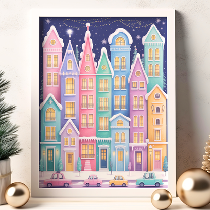 Whimsical Pastel Winter Cityscape Wall Art Set – Christmas Town Prints – Cozy Holiday Decor – 24x36" Digital Download