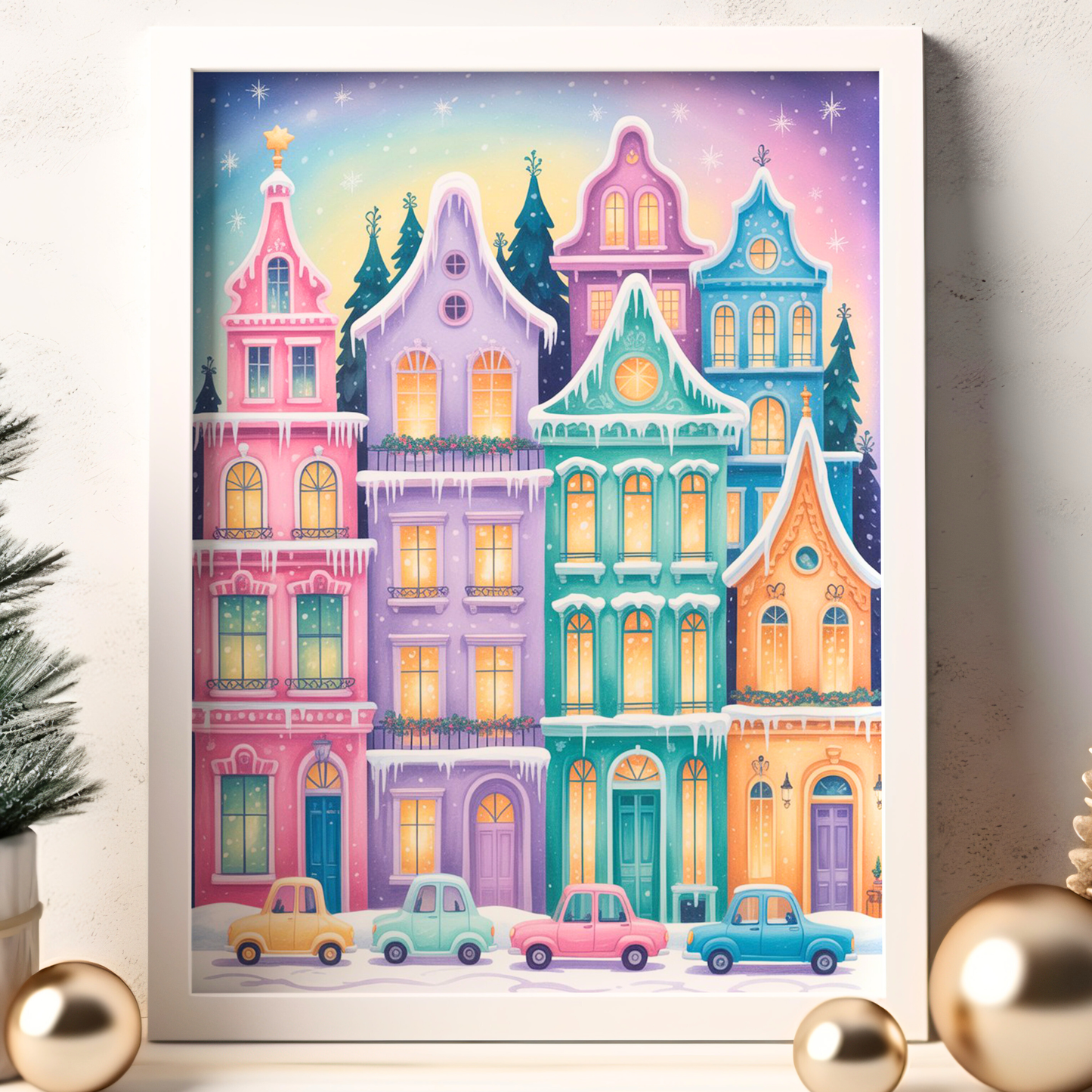 Whimsical Pastel Winter Cityscape Wall Art Set – Christmas Town Prints – Cozy Holiday Decor – 24x36" Digital Download