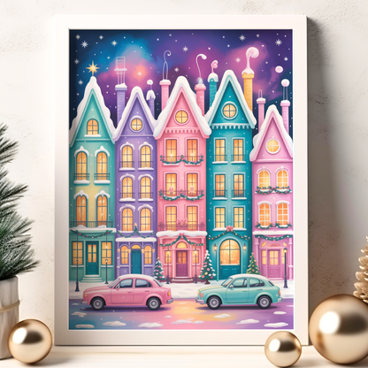 Whimsical Pastel Winter Cityscape Wall Art Set – Christmas Town Prints – Cozy Holiday Decor – 24x36" Digital Download