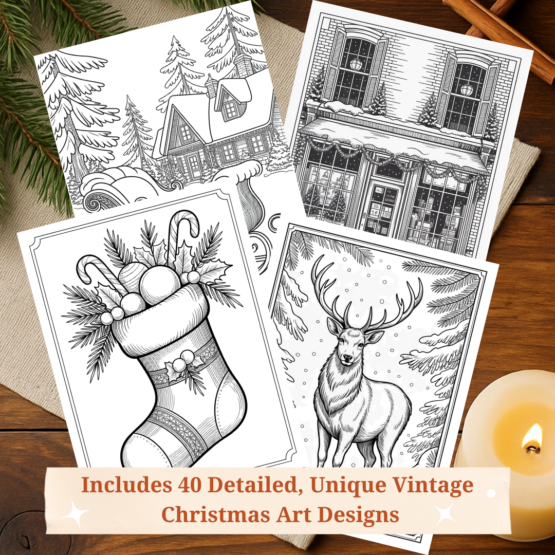 Elegant Christmas Coloring Pages for Adults, Classic and Subtle Edition – Vintage Engraving Style, Printable Relaxation Coloring Book (40 Pages)