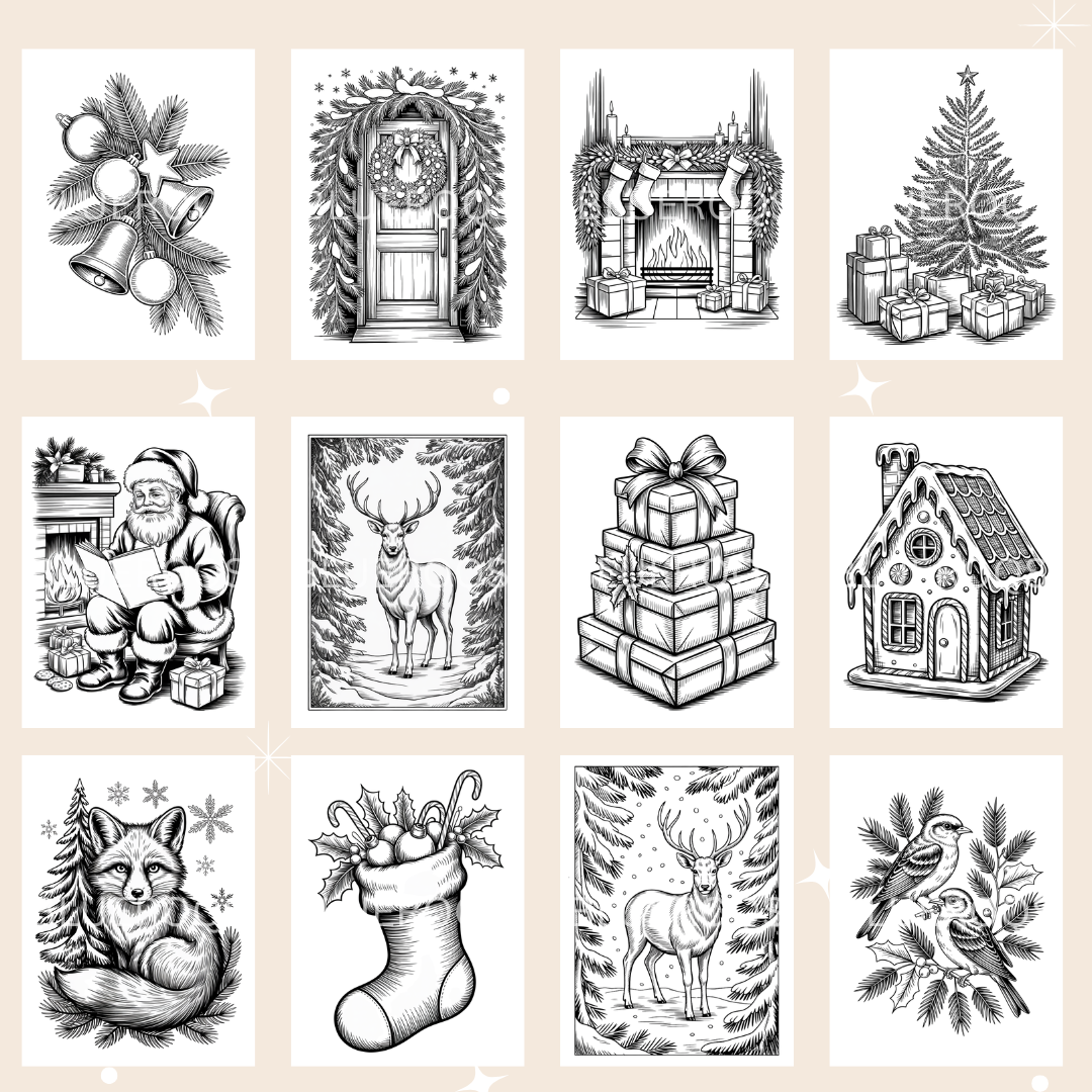 Elegant Christmas Coloring Pages for Adults, Classic and Subtle Edition – Vintage Engraving Style, Printable Relaxation Coloring Book (40 Pages)