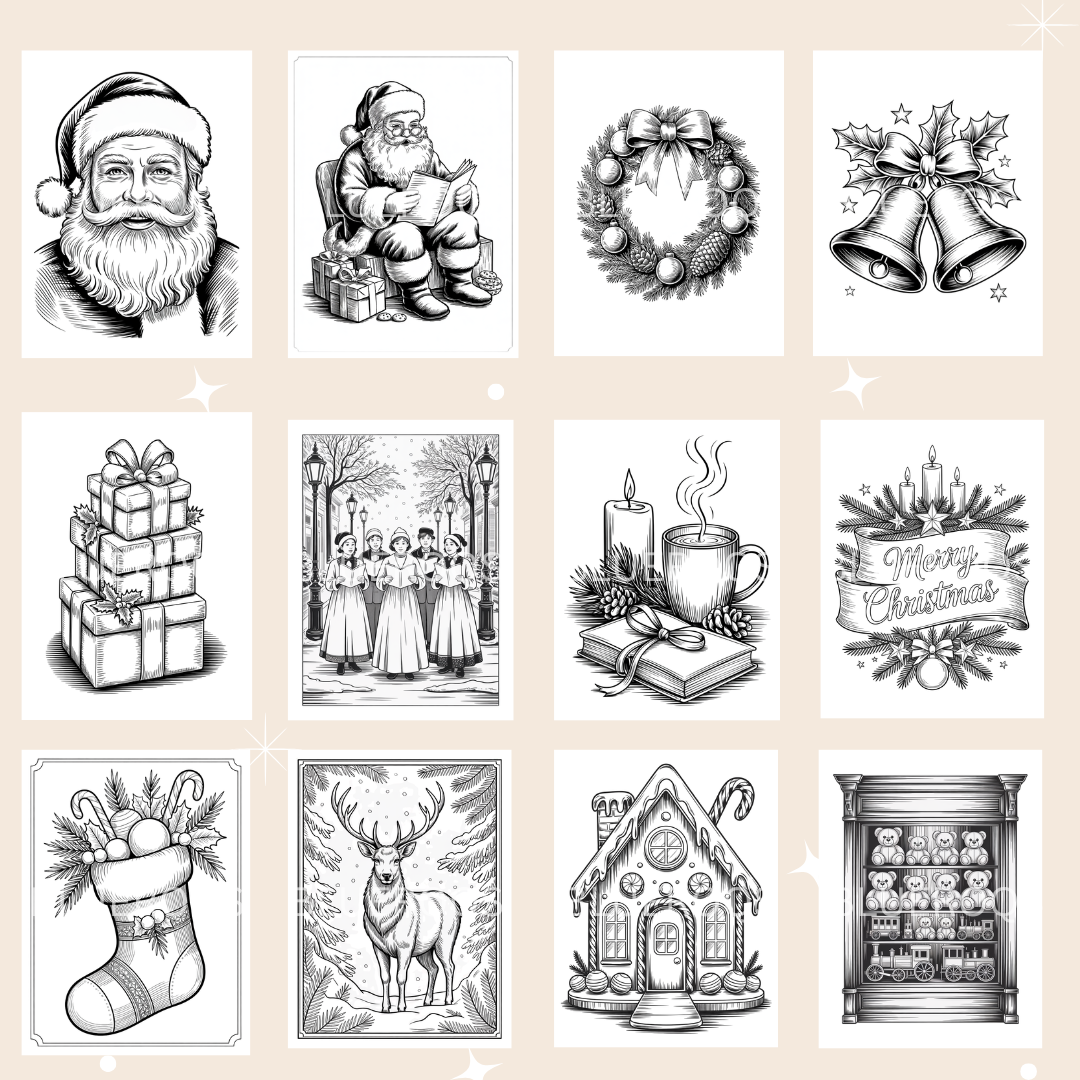 Elegant Christmas Coloring Pages for Adults, Classic and Subtle Edition – Vintage Engraving Style, Printable Relaxation Coloring Book (40 Pages)