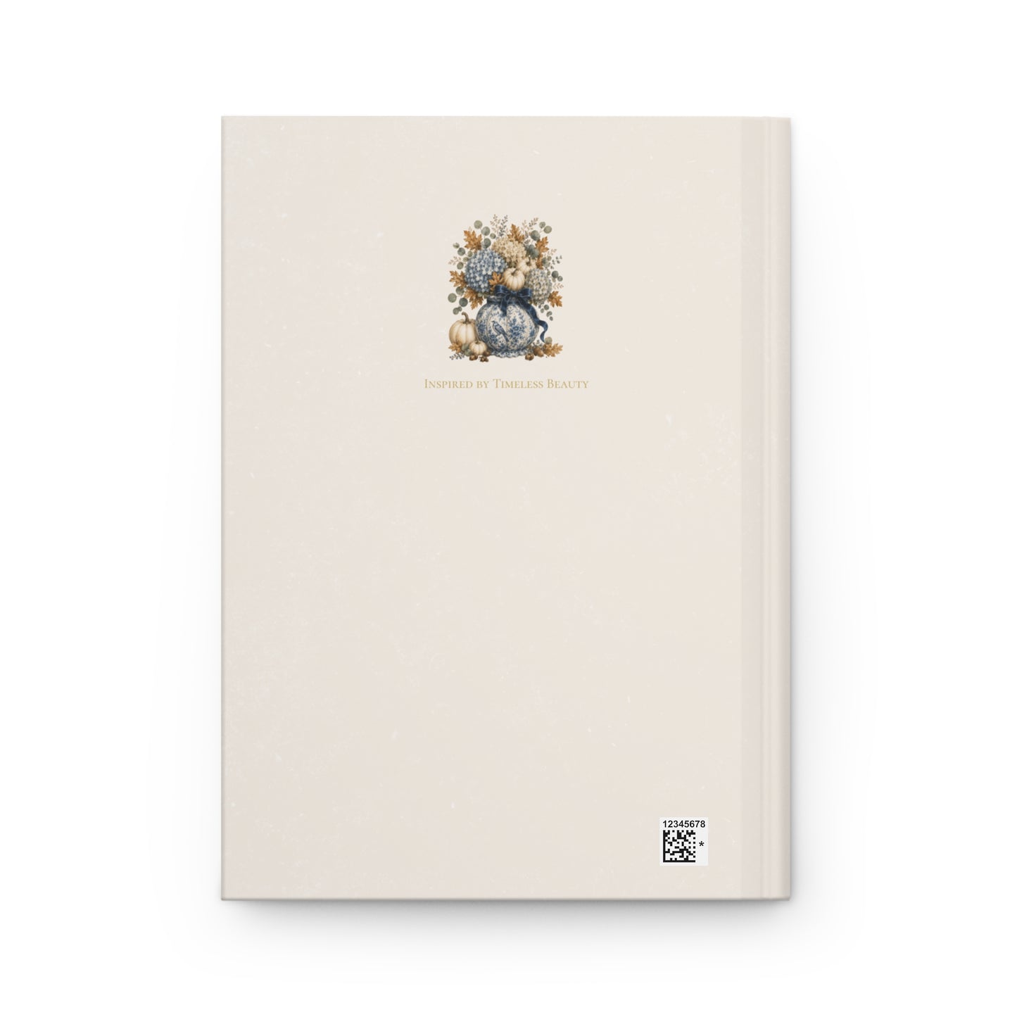 Back cover of the Autumn Reflections hardcover journal with a minimalist cream design and small vintage floral pumpkin illustration.
